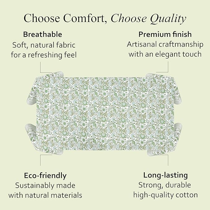 CPC Tablecloth 100% Cotton 70x108 Inch Indian Block Print Rectangle Table Cover, Green Table Cloth for Weddings, Spring/Summer, Barbeque - Agate Green