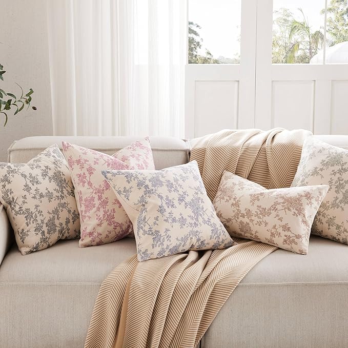 100% Cotton French Pastoral Throw Pillow Covers Set of 2, 22x22 Inch Brown Farmhouse Decorative Cushion Covers for Sofa Bed Living Room Home Decor