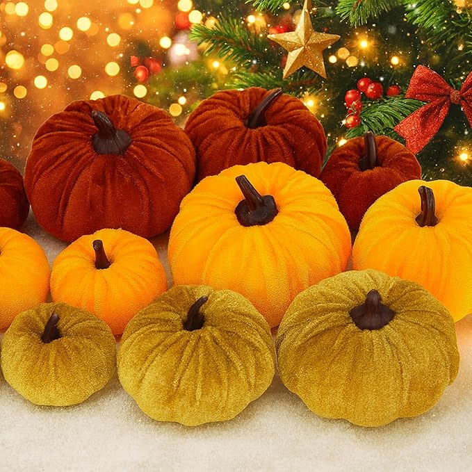 12 Faux Flocked Pumpkins, Perfect for Fall Harvest, Halloween, or Thanksgiving Table Centerpieces(12, Orange, Yellow, and Crimson)