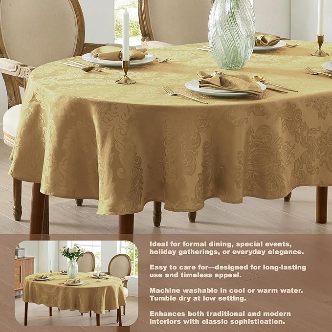 Newbridge Barcelona Damask Fabric Tablecloth, 60 x 84 Inch Oval, Gold – No Iron, Soil Resistant Table Cover for Dining, Parties and Holidays