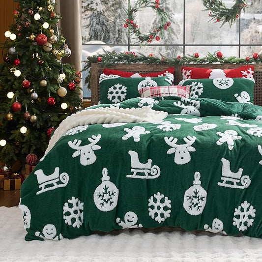 Bedsure Fluffy Christmas Duvet Cover Set - Ultra Soft Plush Shaggy Comforter Cover Queen Size, Warm Flannel Fleece Bed Sets for Winter, 3 Pieces, Gingerbread Man Pattern, Green