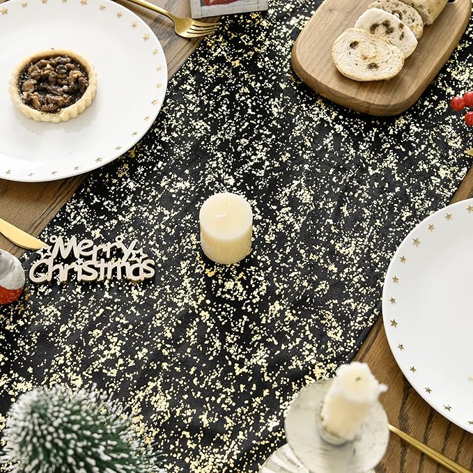 Artoid Mode Black Dutch Fleece Table Runner, Glitter Metallic Foil Holiday Kitchen Dining Table Decoration for Home Party Decor 13x72 Inch