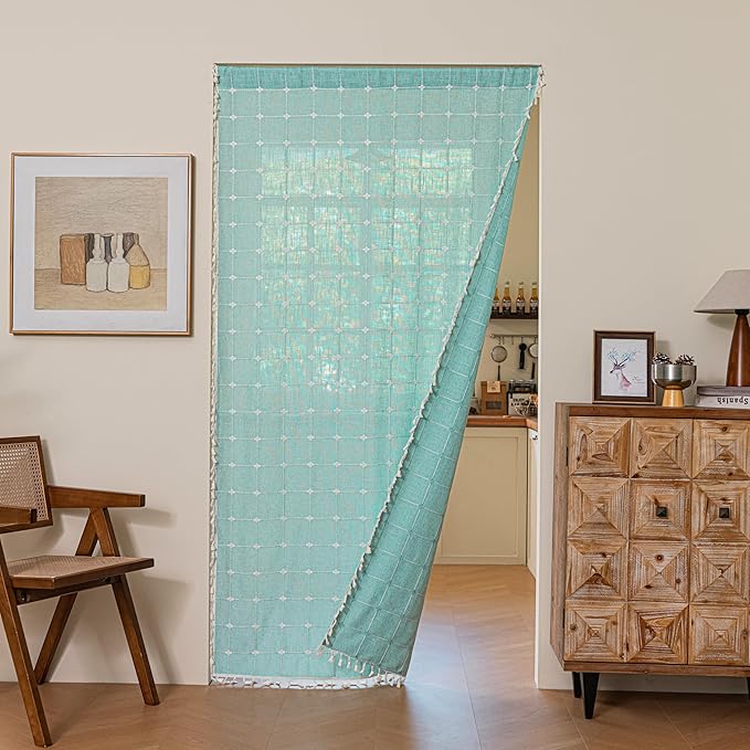 Sutuo Home French Door Curtains for Patio Doorway, Bohemian Semi Blackout Linen Curtains Tassels Farmhouse Strips Checkered Decor Window Treatments, Rod Pocket 1 Panel 37" W x 80" L, Aqua Blue Plaids