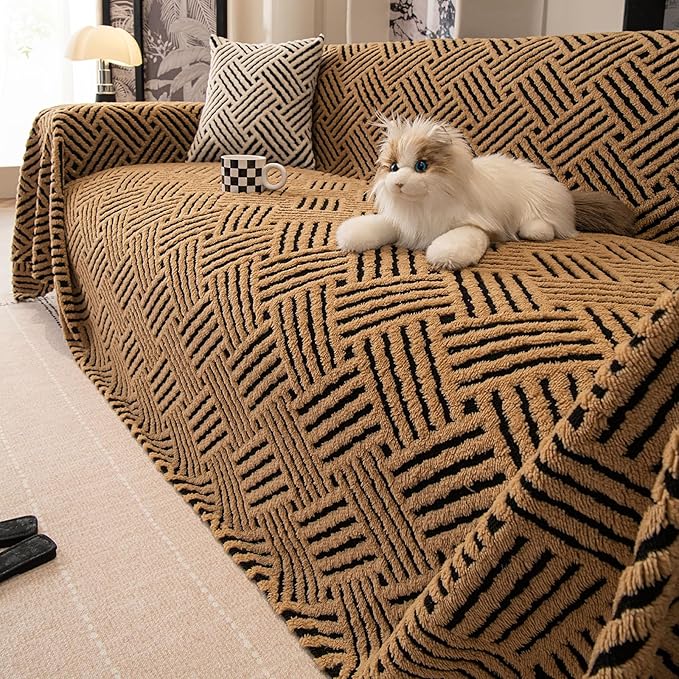 ROOMLIFE Striped Boho Khaki Couch Cover for 2-3 Cushion Sofa, Fuzzy Plush Warm Sofa Slipcovers Sectional Sofas Covers, Non Slip Washable Furniture Protector Soft with Tassel,Winter 71''X150”
