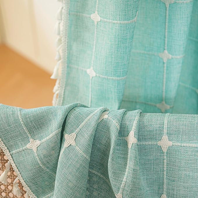 Sutuo Home French Door Curtains for Patio Doorway, Bohemian Semi Blackout Linen Curtains Tassels Farmhouse Strips Checkered Decor Window Treatments, Rod Pocket 1 Panel 37" W x 80" L, Aqua Blue Plaids