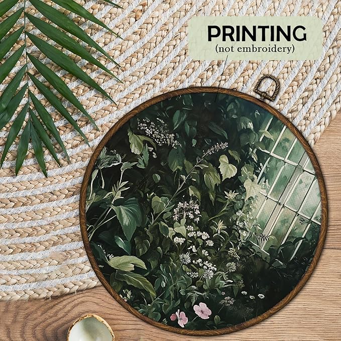 cvjutf Dark Green Botanical Wall Art Decor Framed, Dark Cottagecore Moody Floral Nature Bathroom Round Wall Decor, Rustic Plant Flower Canvas Prints Art for Home Bedroom Living Room Kitchen, 10x10 In