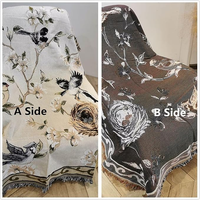 VClife Boho Beige Floral Birds Couch Cover Soft Thick Cotton Linen Farmhouse Sofa Cover for 3 Cushion Couch Sofa, Breathable Non-Slip Sectional Sofa Protector 1 PC Futon L Shpe Slipcover with Tassels
