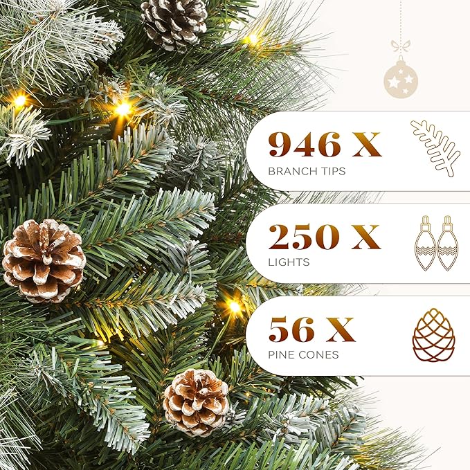 YITAHOME 6ft Prelit Scotch Pine Christmas Tree with Remote Control, Pre-Decorated Frosted Christmas Tree with Pine-Cones & Needles, Warm White/Multicolor Changing Lights for Home/Office