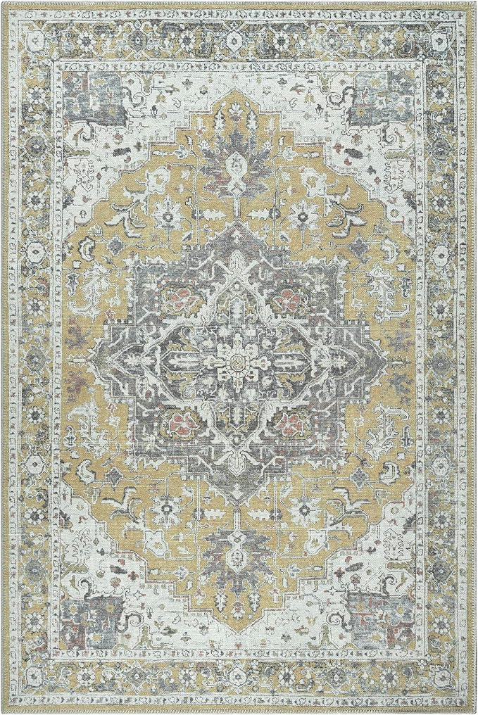 Bloom Rugs Washable Non-Slip 4' x 6' Rug - Yellow Traditional Medallion Area Rug for Living Room, Bedroom, Dining Room, and Kitchen - Exact Size: 4' x 6'