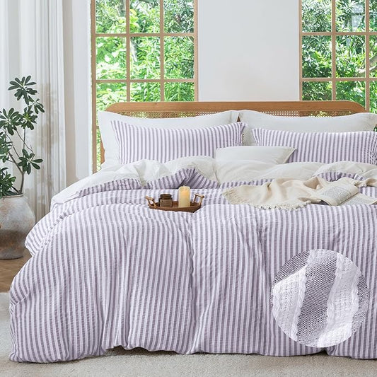 MILDLY Purple Striped Duvet Cover - 100% Washed Cotton Jacquard Boho Textured Comforter Cover 2pcs with Corner Ties Zipper Closure 68"x90"