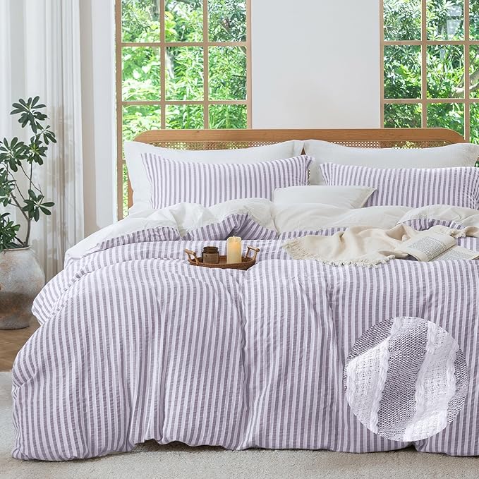 MILDLY Purple Striped Duvet Cover - 100% Washed Cotton Jacquard Boho Textured Comforter Cover 3pcs with Corner Ties Zipper Closure 104"x90"