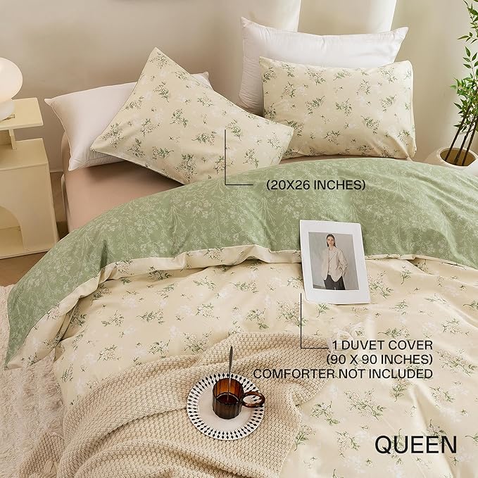 ECOCOTT Duvet Cover Queen Size - Reversible Green Floral Duvet Cover Set, Ultra Soft & Breathable Comforter Cover with Zipper Closure 4 Ties Bedding Set for Girls and Women