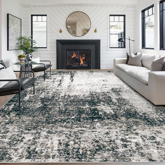 8x10 Area Rugs Washable Rug, Soft Modern Abstract Rugs for Living Room Large Low Pile Thin Rug Non Slip Indoor Neutral Carpet for Bedroom Dining Room Farmhouse Office Kids Playroom Black Grey Gold