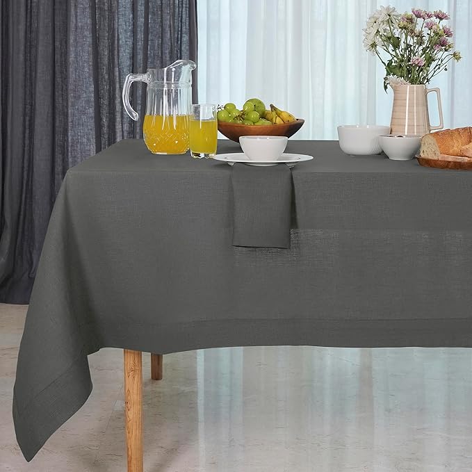 D'Moksha Homes Linen Tablecloth 60 x 90 Inch - 100% Pure Linen Charcoal Grey Tablecloth for Rectangle Tables - Machine Washable Table Cloth for Fall, Thanksgiving, Holiday