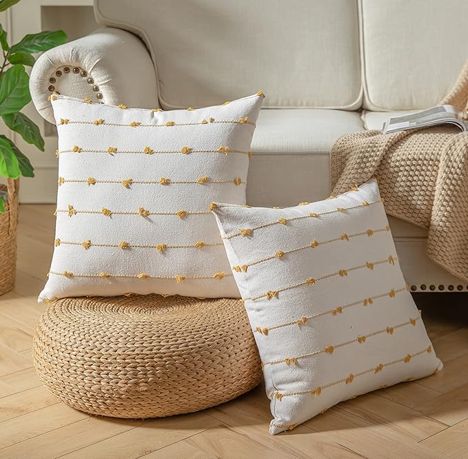 Caflife Boho Throw Pillow Covers 18x18 inches Beige and Yellow, Set of 2 Modern Farmhouse Decorative Pillow Covers for Couch Bed, Living Room