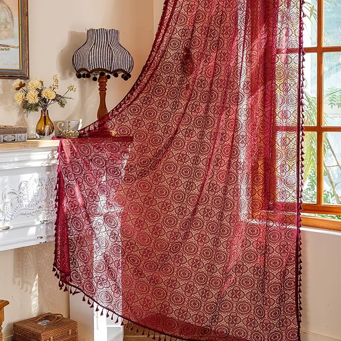 Burgundy Curtains for Living Room 2 Panels Cottage Maroon Tassel Lace Curtain Panels 96 Inches Long Boho Wine Macrame Curtains Xmas Christmas Farmhouse Themed Winter Décor 8ft 52"W x 96"L Red