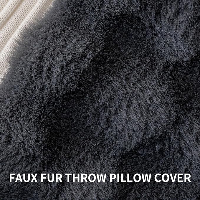 Faux Fur Throw Pillow Covers(Pack of Two, Dark Grey) 18×18 Inch Decorative Pillows Cover Neutral Soft Chenille Couch Pillows with Zipper Aesthetic for Living Room and Bedroom