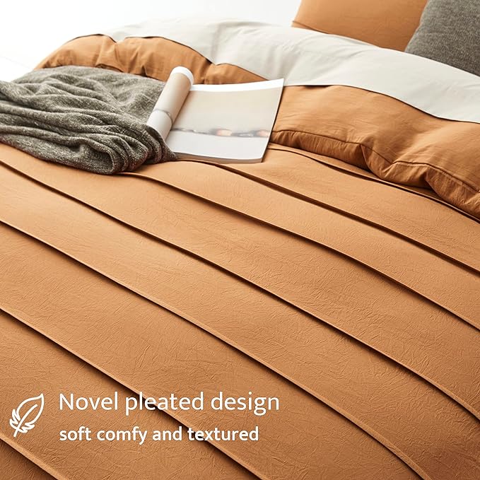 Oli Anderson Pumpkin Brown Duvet Cover King Size - Pleated King Duvet Cover, 3PCS Soft and Breathable Textured Bedding Set with Zipper Closure(Pumpkin Brown,104"x90")