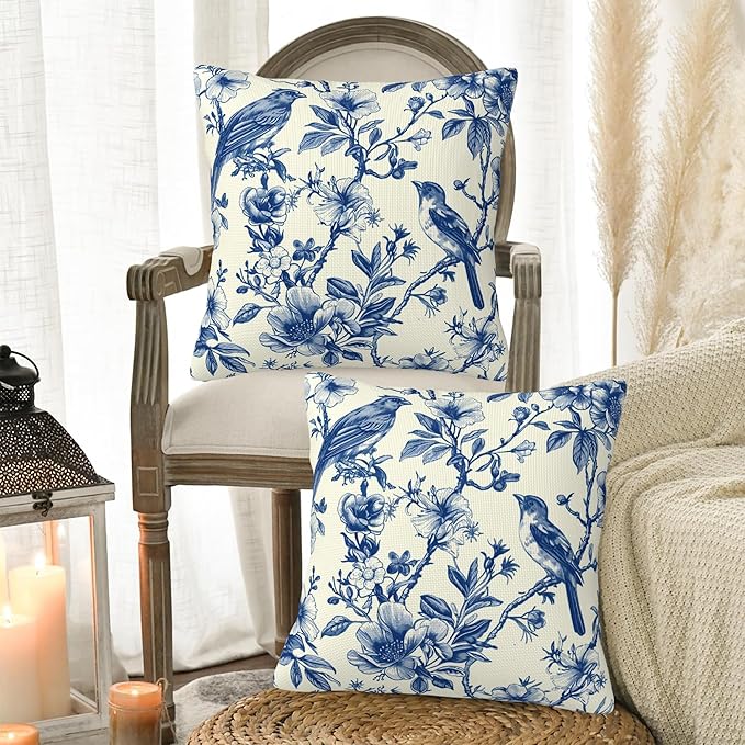 Blue Bird and Flowers Pillow Covers 18X18 Set of 2, Vintage Toile Wild Floral Decorative Throw Pillow Covers, Pillowcase Cushion Case for Home Sofa Couch Indoor Outdoor Decorations