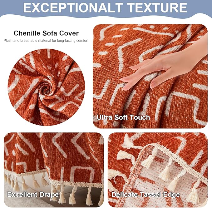 VClife Couch Cover for Sectional Sofa, Japanese Sofa Cover with Tassel, Soft Chenille Boho Couch Covers for 3 Cushion Couch Sofa Washable White Caramel Sofa Slipcover for Living Room 71"x 134"