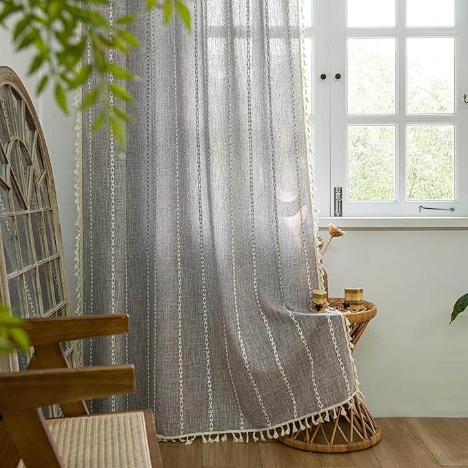 Sutuo Home Boho Curtains for Kitchen Bedroom Dining Room, Linen Farmhouse Shabby Chic Tassels Window Treatment Bohemian Embroidery Drape, Rod Pocket 1 Panel 52" W x 63" L, Brown