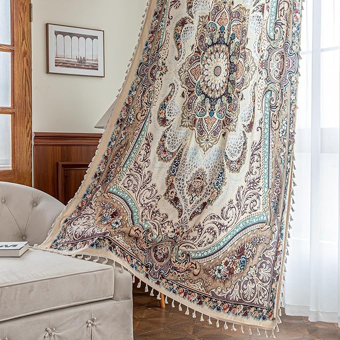 Popular Handicrafts Printed Curtains for Living Room 102 Inches Long Indian Hippie Bohemian Curtains Rod Pocket Light Filtering 2 Panels, Beige