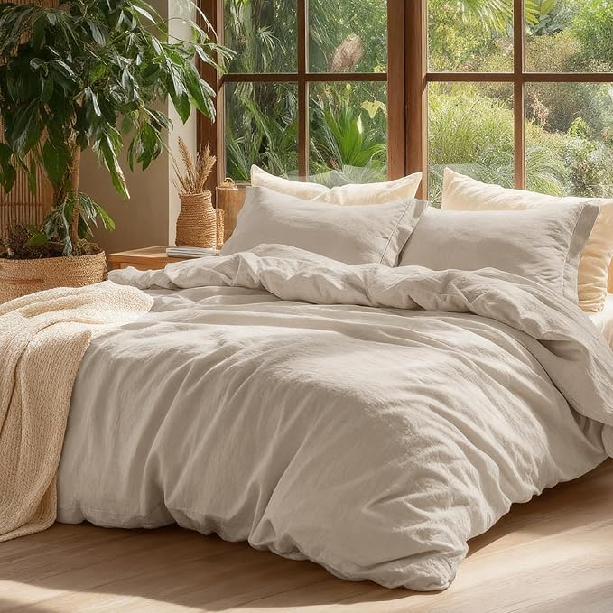 Bedsure 100% Washed Cotton Duvet Cover Oversized King - Oatmeal Minimalist Cotton Duvet Cover Linen Like for All Seasons - GentleSoft™ Plain Simple Bedding, Oatmeal, Oversized King, 120"x98"