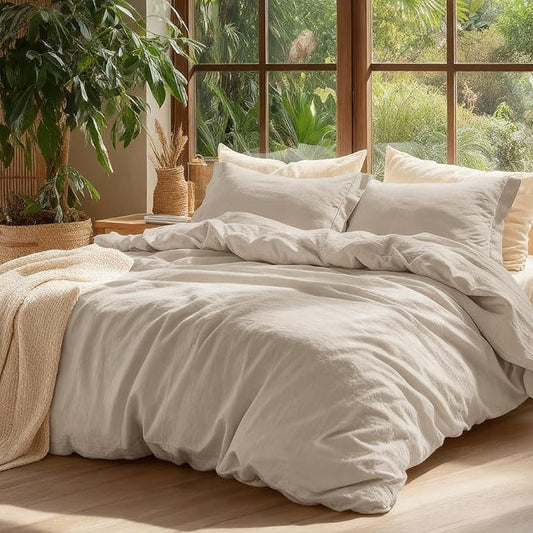 Bedsure 100% Washed Cotton Duvet Cover Cal King - Oatmeal Minimalist Cotton Duvet Cover Linen Like for All Seasons - GentleSoft™ Plain Simple Bedding (Oatmeal, California King, 104"x98")
