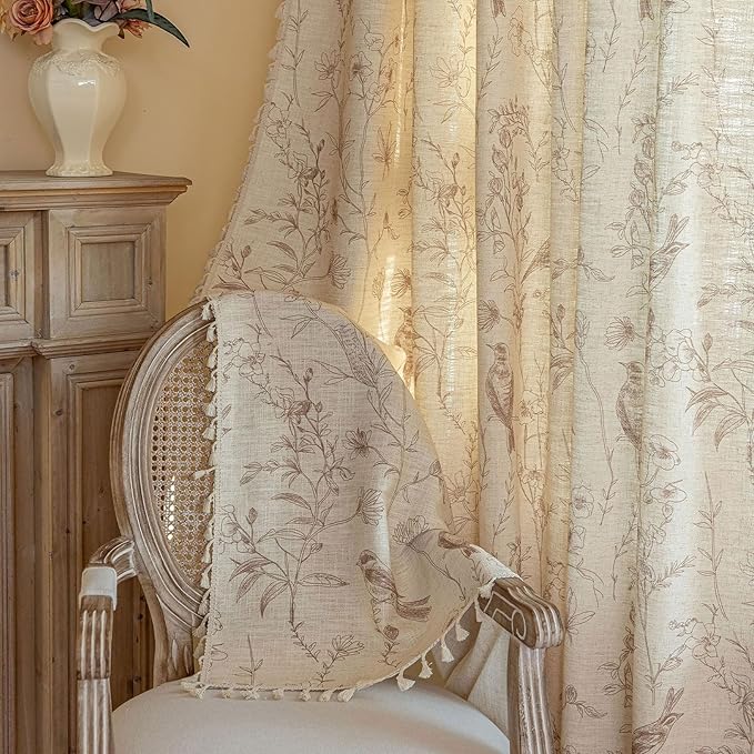 OYX Boho Curtains, Floral Curtains Beige with Garden Birds, Farmhouse Birds Drapes 63 Inches Length Semi Sheer, Rod Pocket Vintage French Country Window Curtain Set 2 Panels for Kitchen, Bedrooms