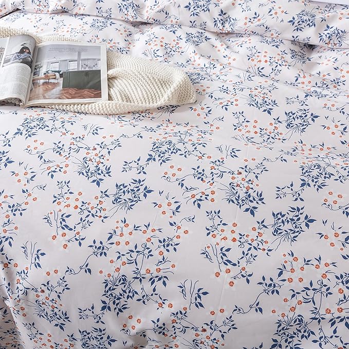 HoneiLife Cotton Duvet Cover Queen - Floral Comforter Cover 3-PC, Soft & Breathable Flower Bedding Duvet Cover Sets with Zipper Closure & Corner Ties, Wildflower Comforter Cover Sets, Blue Leaves
