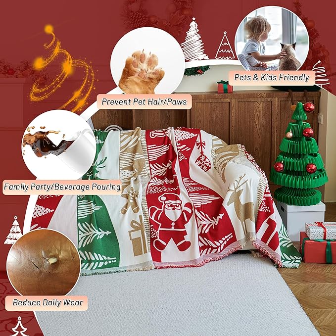 MYSKY HOME 71"X118" Loveseat Christmas Couch Cover, Sectional Sofa Covers Sofa Slipcover for 2 Cushion Couch, L Shape Couch Covers for Dog, Kid, Washable Sofa Blanket, Furniture Protector, Red Gift