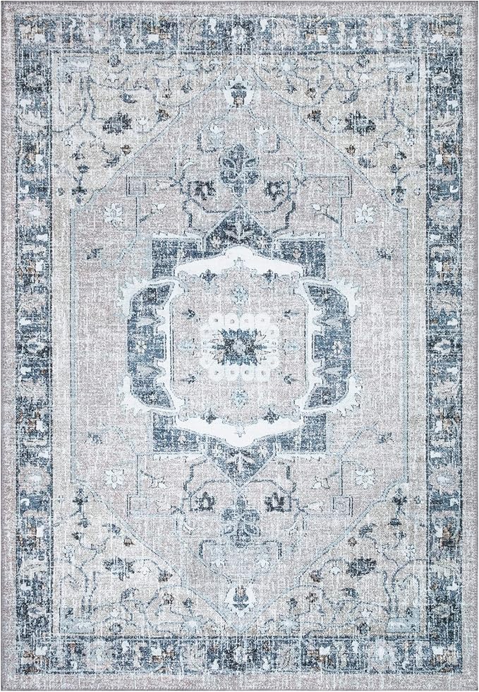 Bloom Rugs Washable Non-Slip 9' x 12' Rug - Pebble Gray/Blue Traditional Medallion Area Rug for Living Room, Bedroom, Dining Room, and Kitchen - Exact Size: 9' x 12'