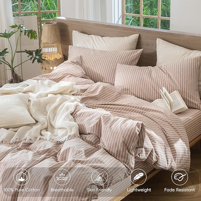 MooMee Striped Duvet Cover Set 100% Washed Cotton Linen Like Textured Breathable Durable Soft Comfy (Orange White Wide Stripes, Twin 68"x90")