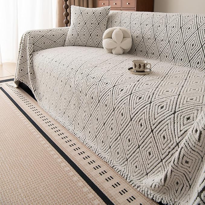 ROOMLIFE Striped Boho Gray Couch Cover for 2-3 Cushion Sofa, Fuzzy Plush Warm Sofa Slipcovers Sectional Sofas Covers, Non Slip Washable Furniture Protector Soft with Tassel,Winter 71''X118”