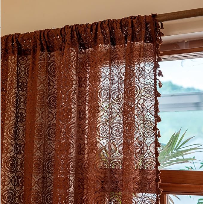 Chocolate Brown Curtains with Tassel for Bedroom Living Room Boho Crochet Doily Pattern Lace Sheer Curtains 63 Inch Length 2 Panels Fall Light Filtering Bay Window Curtain Panels W59 x L63 Brown