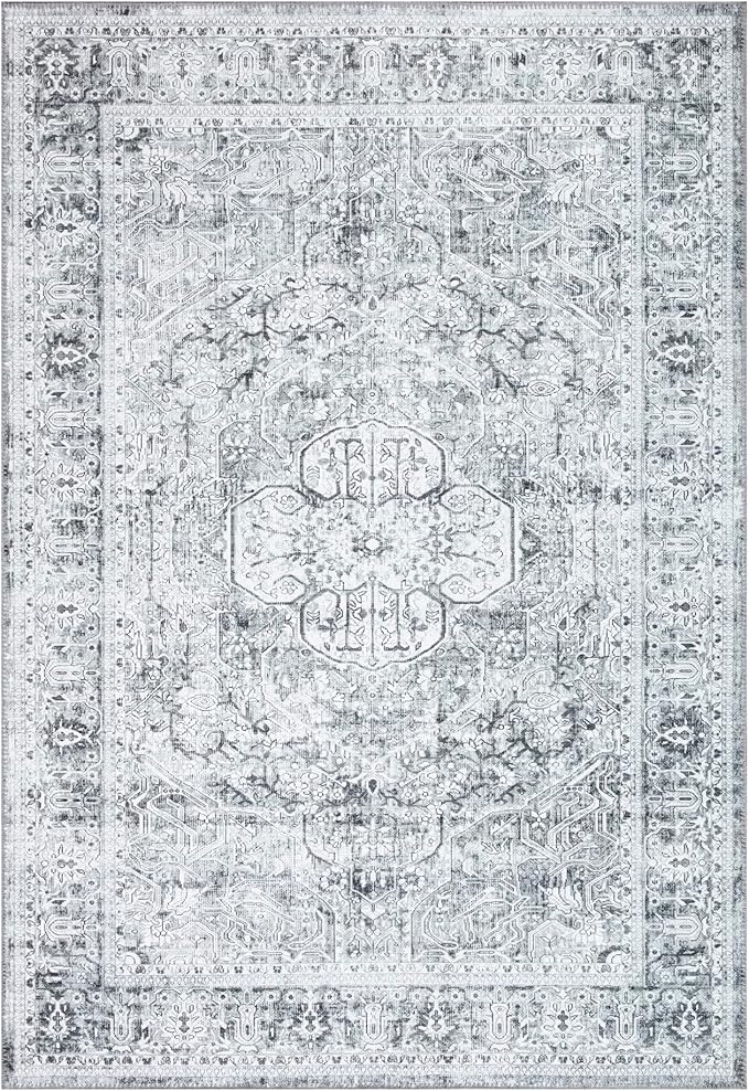 Bloom Rugs Washable Non-Slip 6' x 9' Rug - Gray/Charcoal Traditional Medallion Area Rug for Living Room, Bedroom, Dining Room, and Kitchen - Exact Size: 6' x 9'