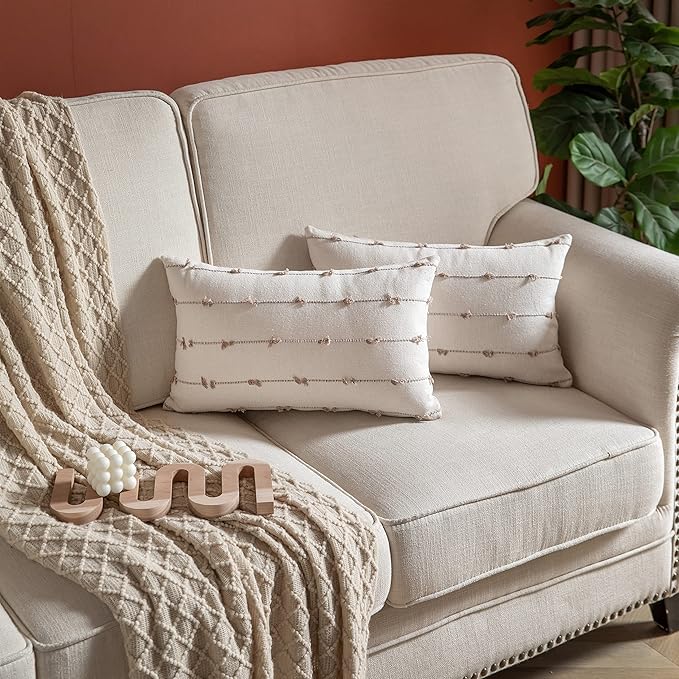 Caflife Boho Throw Pillow Covers 12x20 inches Beige and Natural, Set of 2 Modern Farmhouse Decorative Pillow Covers for Couch Bed, Living Room