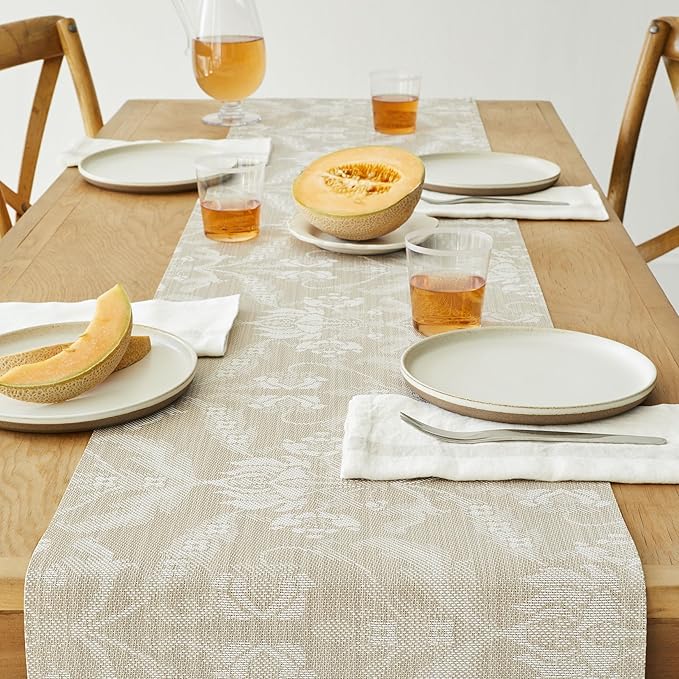 Martha by Martha Stewart | Chilewich Damask Table Runner in Flax - Easy Care Woven Textile - Indoor/Outdoor - Stain/Fade Resistant - 14" x 72"