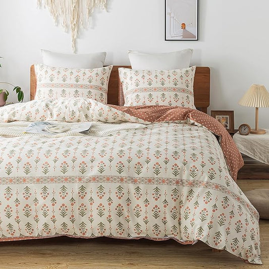 HoneiLife Queen Duvet Cover Set - Breathable 100% Cotton Floral 3pcs Wildflower Comforter Cover, with Zipper Closure and Corner Ties, Sweet Grass