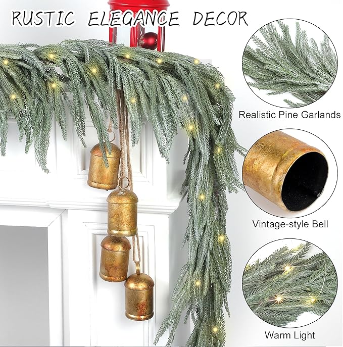 Fovths 1 Pack 6 Feet Christmas Norfolk Garlands Set Artificial Faux Greenery Garland 4 Cow Bell with Jute Hanging Rope Light String Winter Pine Garland for Xmas Indoor Holiday Decor, Green+White