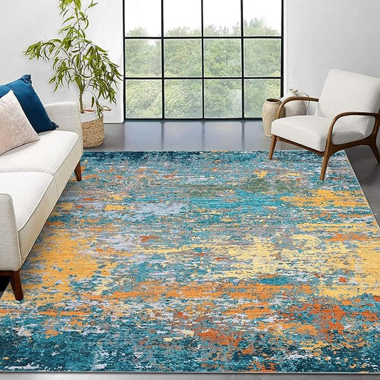 10x13 Modern Abstract Faux Wool Accent Rug for Living Room Low Pile Ultra Soft Stain Resistant Non Slip Non Shedding Throw Rug for Bedroom Home Decor, Multi Color