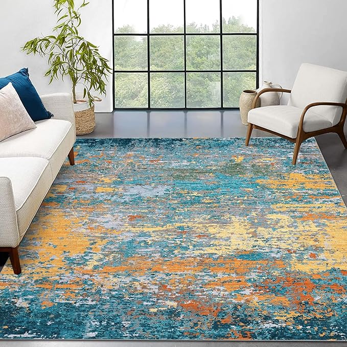 5x7 Modern Abstract Faux Wool Area Rugs Ultra-Soft Low Pile Accent Rug Stain Resistant Carpet Machine Washable for Bedroom with Non Slip Backing, Multi Color