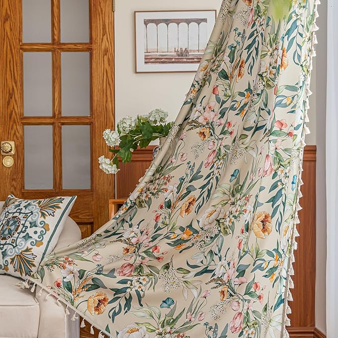 Boho Floral Curtains French Country Farmhouse Curtains 72 Inches Long Light Filtering Window Rod Pocket Drapes for Living Room 2 Panels-Green Floral