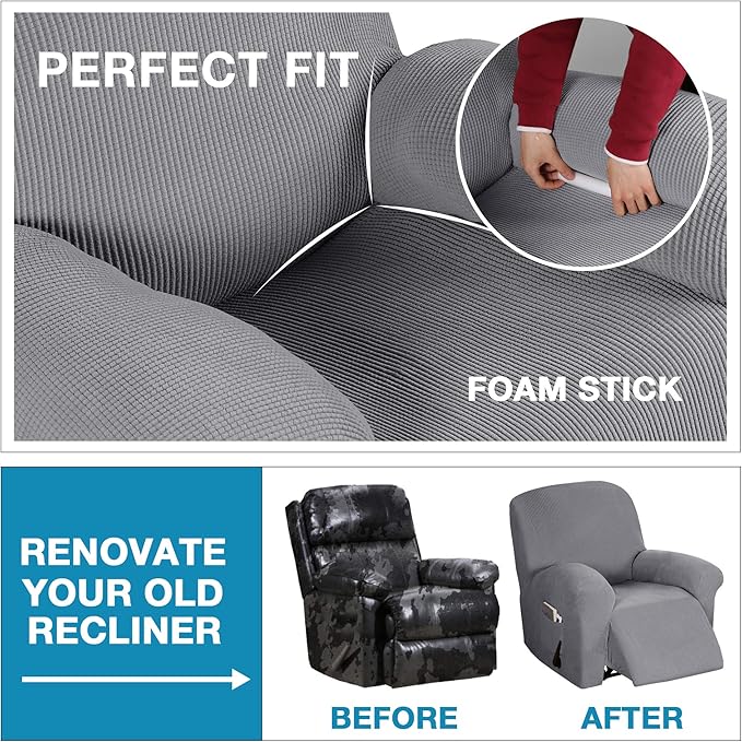 Flamingo P Stretch Recliner Chair Cover Recliner Cover for Electric/Manual Style | Furniture Cover for Reclining with Side Pocket, Soft Checked Jacquard Fabric Form Fitted Standard/Oversized - Dove