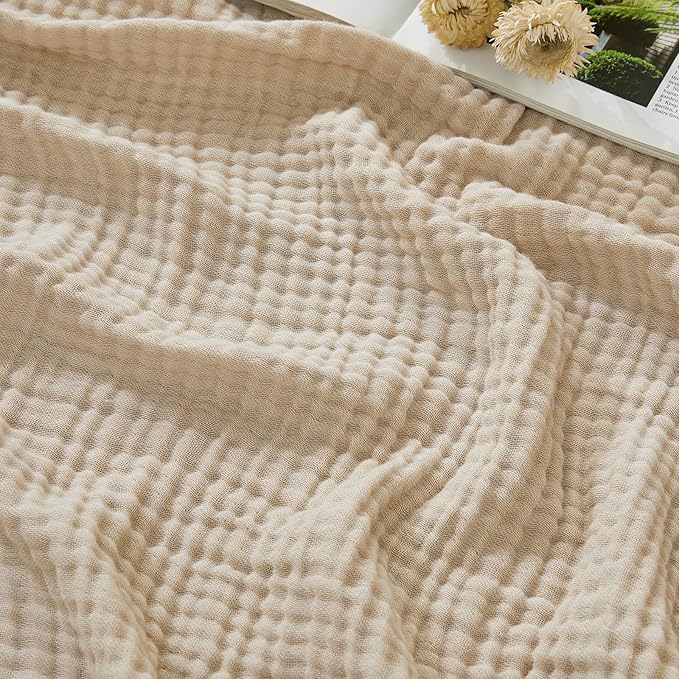 EMME Cotton Muslin Queen Blanket Bed Layering Bedspread Coverlet Breathable Gauze Soft Lightweight Blankets (Beige, 90"x90")