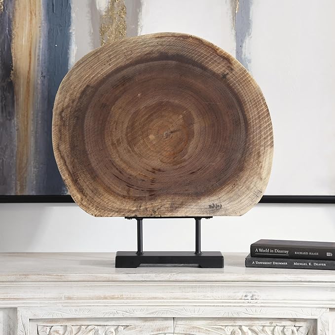 Deco 79 Wood Tree Handmade Decorative Sculpture Circular Slab Home Decor Statue with Black Metal Base, Accent Figurine 21" x 4" x 23", Brown