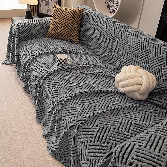 ROOMLIFE Striped Boho Blue Couch Cover for 2-3 Cushion Sofa, Fuzzy Plush Warm Sofa Slipcovers Sectional Sofas Covers, Non Slip Washable Furniture Protector Soft with Tassel,Winter 71''X118”