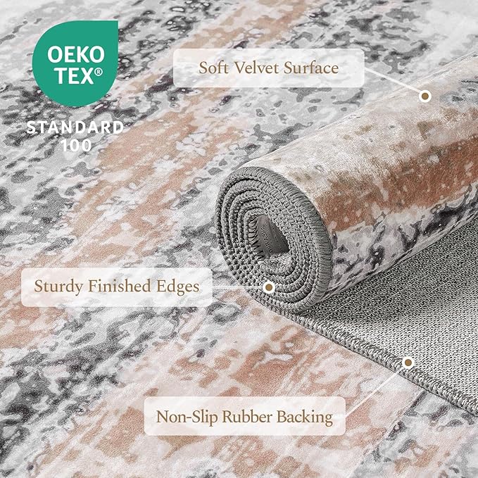 Rugflix 5x7 Area Rugs for Living Room, Washable Rug, Soft Low Pile Carpet, Non-Slip, Stain Resistant, Abstract Area Rug, Neutral Beige Grey Rug for Bedroom, Dining Room, Home Office