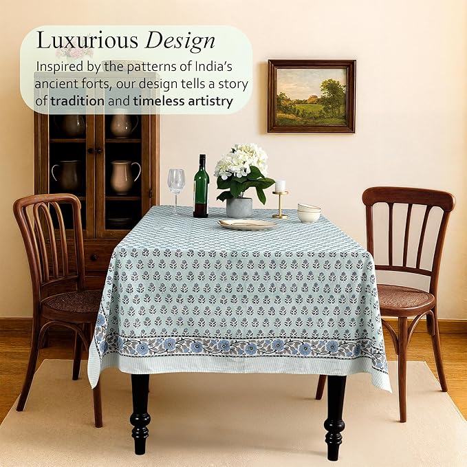 CPC Tablecloth 100% Cotton 60x90 Inch Indian Block Print Rectangle Table Cover, Washable Table Cloth for Weddings, Spring/Summer, Barbeque - Poppy Blue