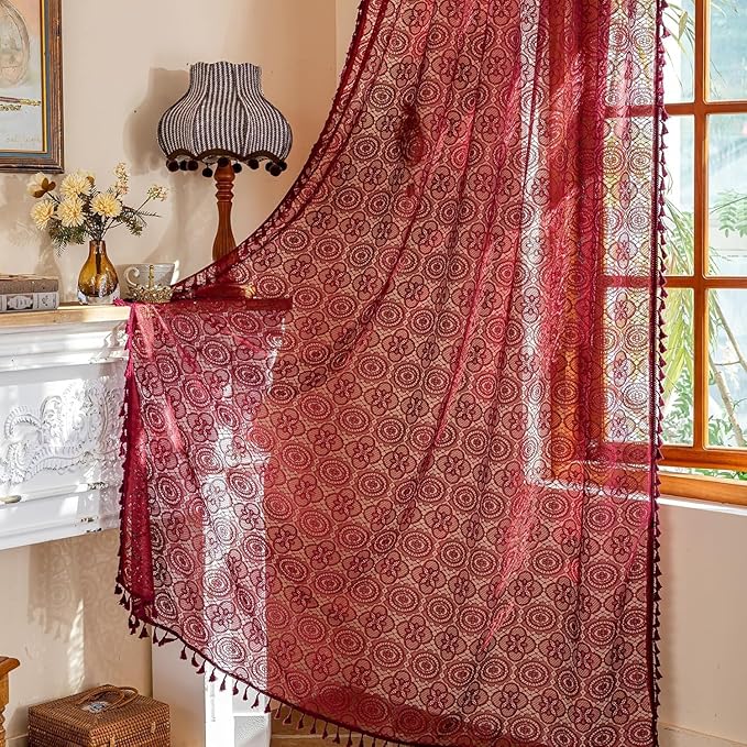 YJ YANJUN Burgundy Sheer Curtains 108 inches Long Set of 2 Vintage Maroon Lace Crochet Curtains for High Ceiling Living Room Rod Pocket Farmhouse Winter Christmas Window Decor 52" W x 108" L Dark Red